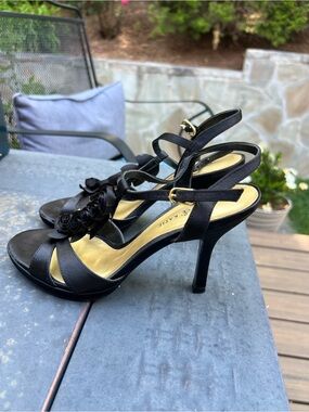 Women's Black Floral Evening Heels - Elegant Strappy Sandals